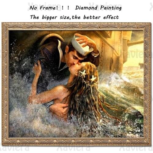 5D Diamond Embroidery Lovers Kiss The Love Story of Mermaid & Sailor Portrait Oil Painting Needlework DIY Diamond Painting Mural