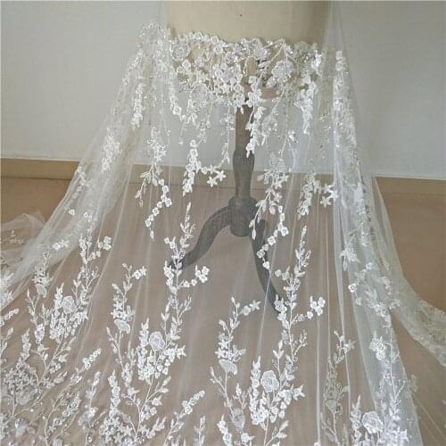 Off White Branch Fabric, Beautiful Sequins&Beaded Embroidery Lace Fabric For Wedding Gown, Evening Dress, Prom, Skirt