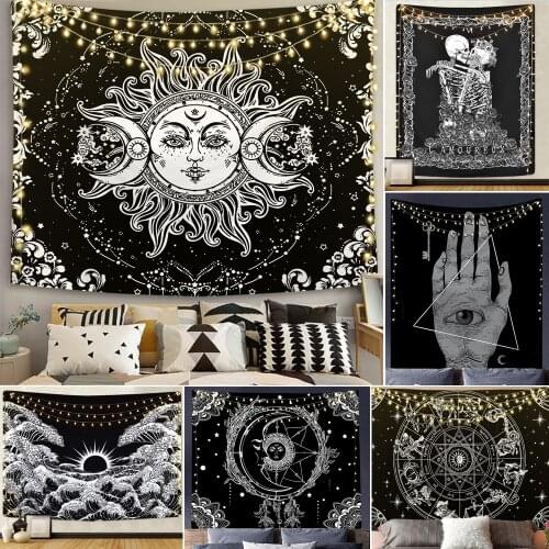 White Black Sun Moon Skeleton Lover Tapestry Wall Hanging Celestial Blanket Wall Tapestries Bedroom Dorm Decor Wall Carpets