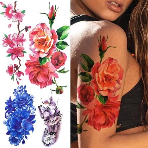 Big Dahlia Flower Temporary Tattoos For Women Adults Watercolor Plum Blossom Fake Tattoo Sticker Lily Peony Realistic Hand Tatoo