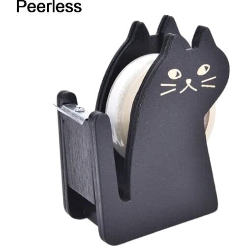 Peerless Black Cartoon cat wooden tape Dispenser Tape cutter holder