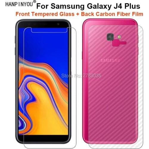 For Samsung Galaxy J4 Plus 6.0" 1 Set = Soft Back Carbon Fiber Film + Ultra Thin Premium Tempered Glass Front Screen Protector