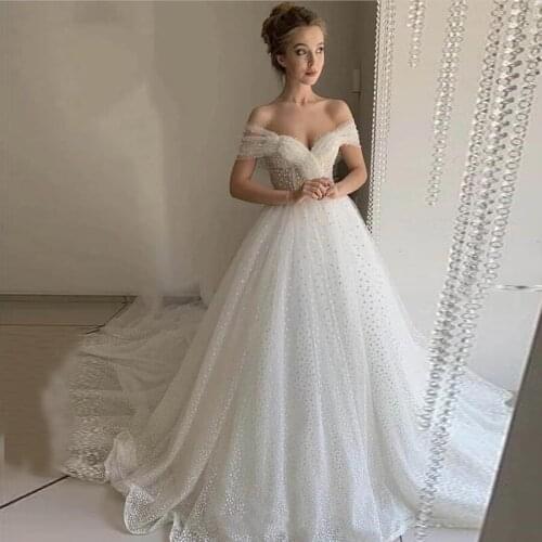Elegant Boat White Pearl Wedding Dresses Custom Made A-Line Shiny Court Train Bridal Gown Tulle Long Lace Up