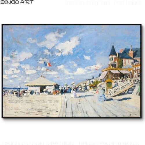 Skilled Artist Hand-painted Beautiful Landscape Trouville Beach Oil Painting on Canvas Reproduce Cloud Monet Beach Oil Painting