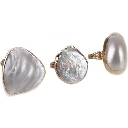 Freshwater Pearl Golden Open Cuff Rings for Women Natural Druzy Stone Paved Fashion Female Jewelry Rings Party Gift