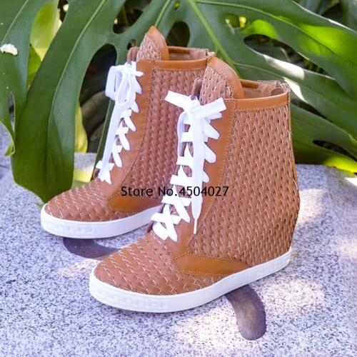Brown Platform Weave Ankle Boots For Women Lace Up High Top Woman Shoes Wedge Heel Booties