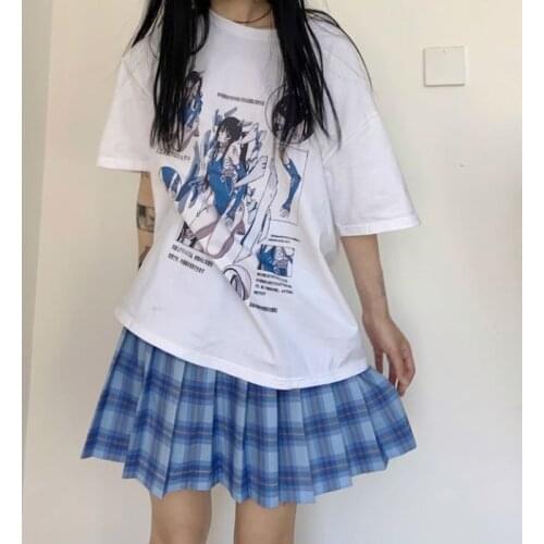 Harajuku Summer Japan Anime Mecha Warrior Mecha Girl Pattern Tops Aesthetic Loose E-Girls Y2K Streetwear Vintage Gothic T-Shirt