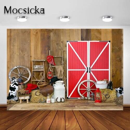Mocsicka Western Cowboy Scene Photography Backdrop Red Barn Door Farm BBQ Party Decoration Background Cake Smash Photo Studio