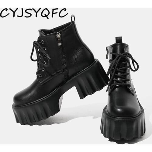 CYJSYQFC New Autumn Winter Ankle Boots For Women Motorcycle Boots Chunky Heels Lace Up Round Toe Platform Short Boots Punk Style