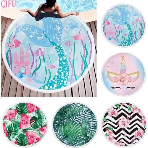 QIFU 1pcs 150cm*150cm Large Round Beach Towel With Tassels Microfiber Unicorn Birthday Party Decorations Kids Favors Supplies