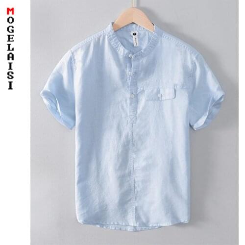 Summer short sleeve solid shirt men linen Casual Soft and breathable high quality white shirts man clothing Camisa masculina 876