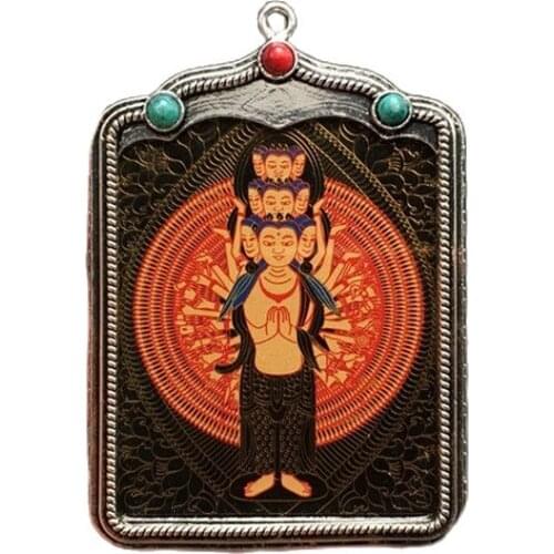 Tangka, Tibet, Nepal, pure hand-painted Tibetan silver inlaid with 12 zodiac patron saint pendants, thousand handed Guanyin