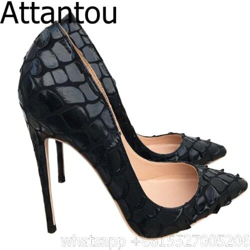 Black Snake Skin Printed Women Thin High Heel Stone Pattern Dress Shoes Fashion Pointed Toe Slip-on OL Pumps