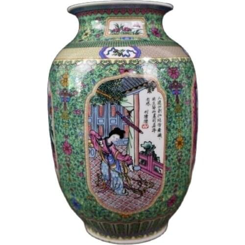 Chinese Old Porcelain Enamel Color Lady Pattern Winter Melon Type Vase