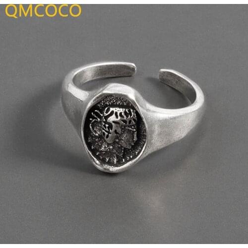 QMCOCO 925 Silver Vintage Thai Silver Female Ring Design Punk Hip-Hop Portrait Relief Index Finger Ring Fashion Personality Gift