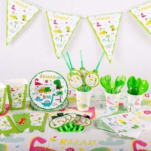 Green Dinosaur Theme Birthday Party Decoration Disposable Tableware Sets Wild One Party Banners Plates Baby Shower Party Supply