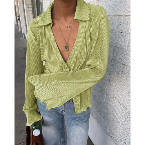 2021 Fashion Green Satin Blouse Flare Sleeve Pleated Women Shirt Elegant Spring Summer Top Female Loose V-Neck Sexy Blouses