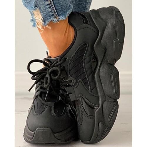 2021 New Women Shoes Black Platform Sneakers Casual Lace Up Thick Sole Shoes Female Chunky Sneakers Leather Vulcanize Shoes