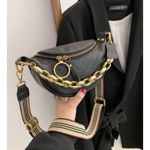 Women Waist Bags Metal Thick Chain Handbag Fanny Pack Female Genuine Leather Crossbody Bag High Quality Banana Shoulder Bag Hobo
