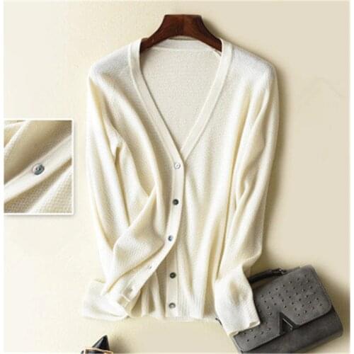 Pure goat cashmere pineapple grain knit women Vneck cardigan sweater single breasted white 5color EU size S-2XL