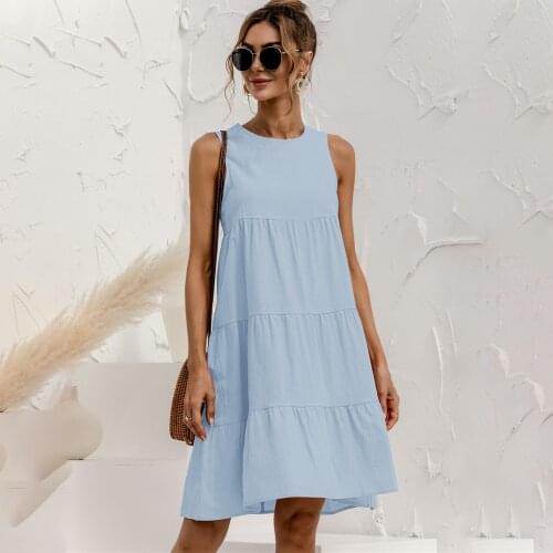 2021 Summer Casual Big Ruffles Midi Dress Women Loose O-Neck Solid Color Sleeveless Dresses Fashion Party Oversize Femme Robe