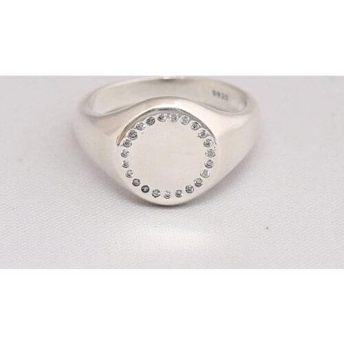 Genuine 925 Sterling Silver Circle Signet CZ Ring Compatible For Women Engagement Wedding Gift Europe Jewelry