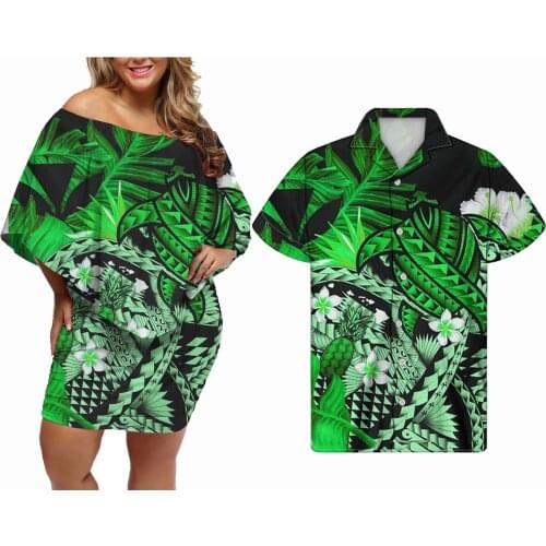 Hycool Polynesian Tight Mini Dress Women Samoa Tribal Green Dresses Fashion Summer Casual Sexy Night Gowns Match Men Cuban Shirt