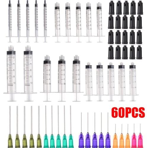 60Pcs New 1/3/5/10/20ml Syringes With Blunt Tip Needles & Caps Industrial Use For Essential Oils Science Labs Crafts Inks
