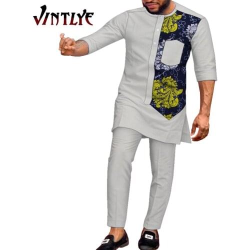 African Men Outfit Bazin Riche Dashiki Men Pant Set 2 Piece Set Short Sleeve Shirt and Long Pant Casual Slim Man Clothes WYN1335