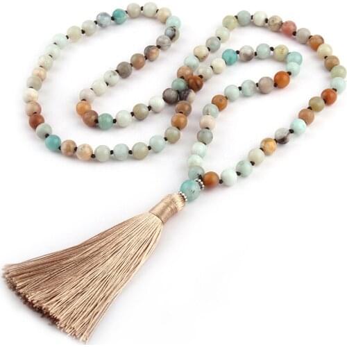 Free Shipping Artisan Jewelry Fashion knotted long Halsband Amazonite Stones Women Beaded Designer Tassel Necklaces