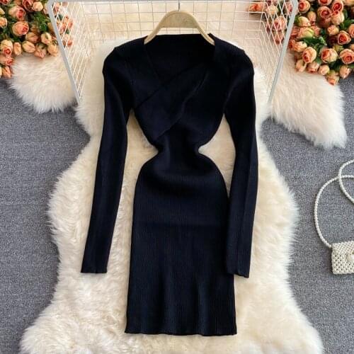 Elegant Solid Black Office Lady Sweater Long Maxi Dress Full Sleeve Bodycon Robe Female Clothing Knitted Dresses Woman Clothes