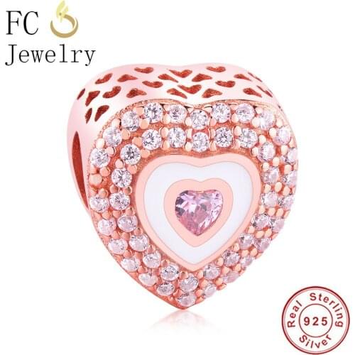 FC Jewelry Fit Original Brand Charm Bracelet 925 Sterling Silver Heart Gold Color Zirconia Enamel Beads Making Berloque 2019