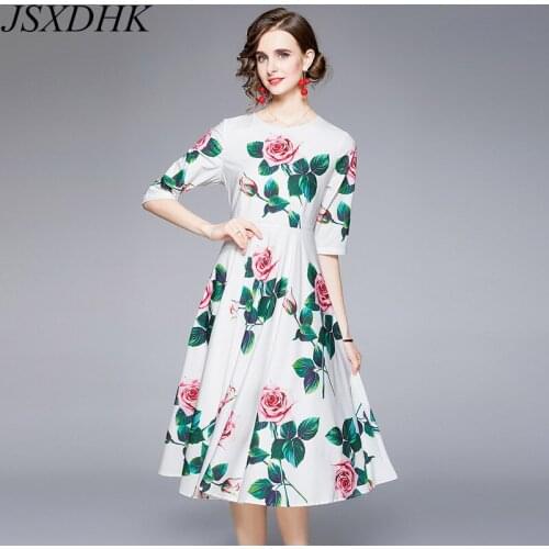 JSXDHK Fashion Summer White Flower Print Holiday Midi Dress Temperament Women Half Sleeve Rose Floral Ladies Ball Gown Dresses