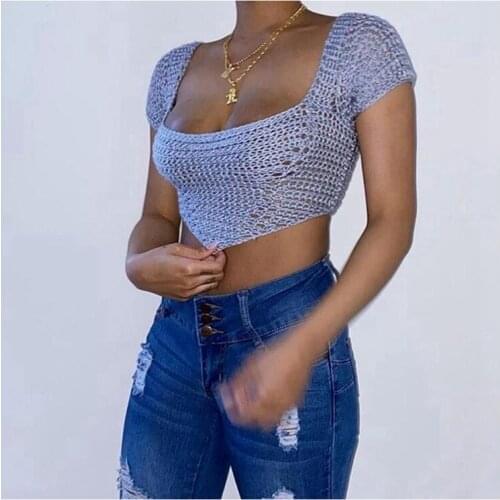 Short Sleeve Tie The Rope Back Corset Sexy Handmade Crochet Crop Top Sexy New shiny yarn