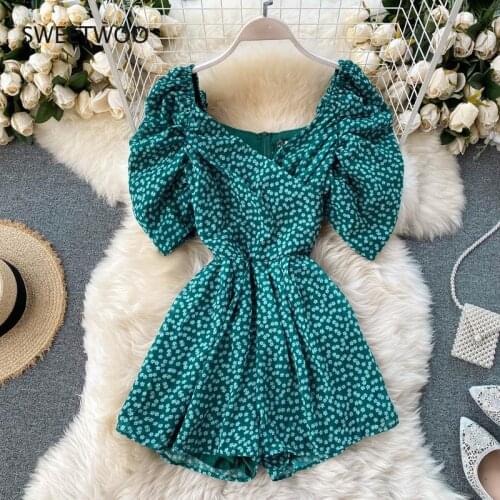 Summer ladies' jumpsuit shorts sexy puff sleeves pleated V-neck slim short floral wide-leg pants ladies overalls jumpsuits