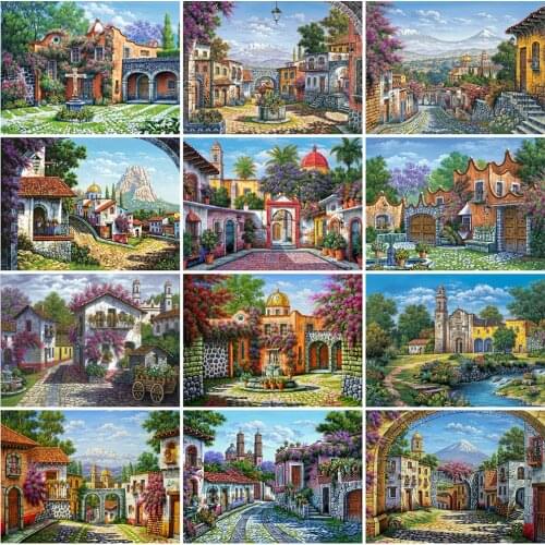 MomoArt 5D DIY Diamond Painting Street Full Square Round Diamond Embroidery House Landscape Diamond Mosaic Town Home Decorations