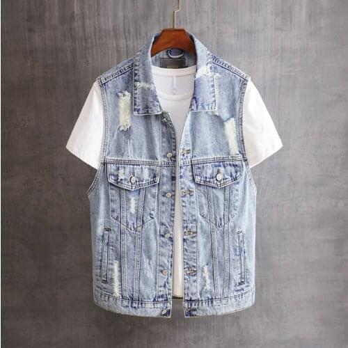 Streetwear Fashion Men Vest Retro Blue Sleeveless Casual Ripped Denim Jacket Men Punk Style Destroyed Hip Hop Angling Vest Homme