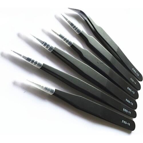 6Pcs Stainless Steel Antistatic ESD Tool Set High Precision Tip Curved Straight Tweezer Stainless Multifunction Nipper Repair