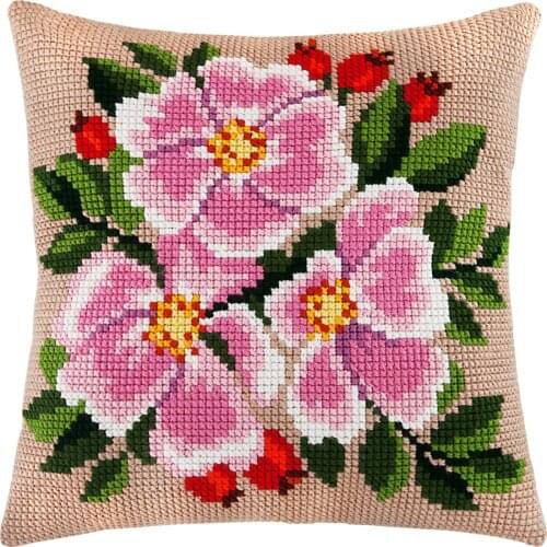 DIY Cross Stitch Cushion Cover Rose Hip Needlepoint Kits Pre-Printed Canvas Chunky Yarn Cross-stitch Pillow Case Arts & Crafts