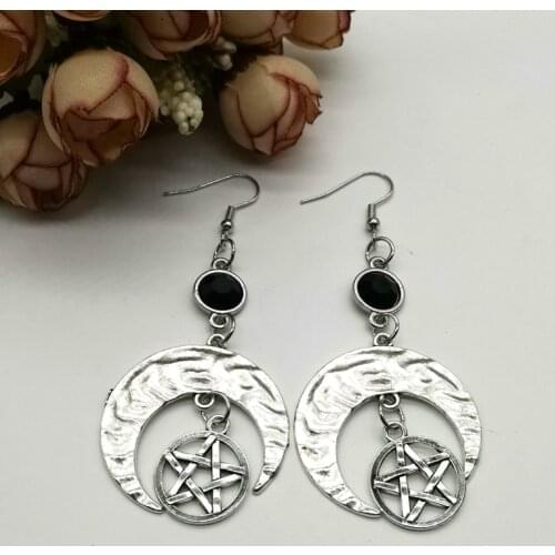 New Crescent Moon Protective Pentagram Earring Beads Onyx Black Witchy Fashion Wicca Pagan Magic Goth Jewelry Women Gift
