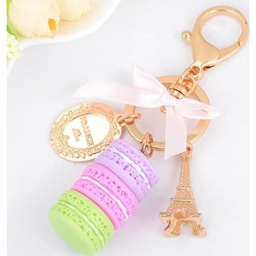 New Arrive 200pcs Resin Macaron Cake Keychain Metall Tower Bag Charm keyring Wedding Supplies Keychain Favors