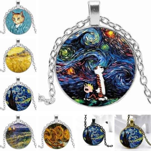 2020 New Van Goghs Work 3 Color Necklace Glass Convex Round Personality Oil Painting Pendant Necklace Gift Wholesale