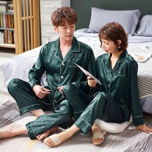 Casual Couple Sleep Suit Faux Silk 2PCS Pajama Sets Full Sleeve Shirt&Pant Sleepwear Green Lover Nightwear Loose Home Wear