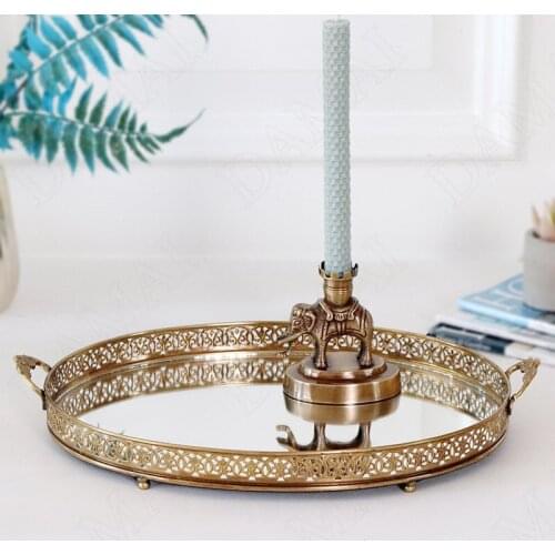 Retro Metal Mirror Tray Relief Decorative Cosmetic Container Living Room Desktop Tableware Organizer European Home Decoration