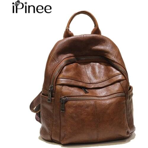IPinee Black Backpack 100% Real Genuine Cow Leather Cowhide Women Female First Layer Cow Leather School Book Backpacks Bags
