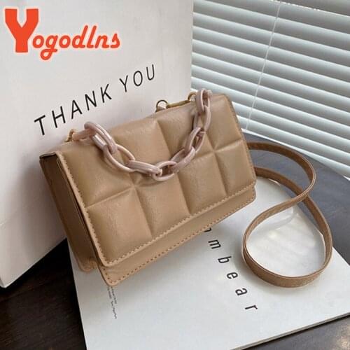 Yogodlns Fashion Chains Shoulder Bag Female PU Leather Crossbody Bag Plaid Small Square Bag Trendy New Messenger Handbag Purse