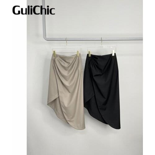 9.2 GuliChic High Quality Women Temperament Solid Color High Waist Irregular Split Skirt