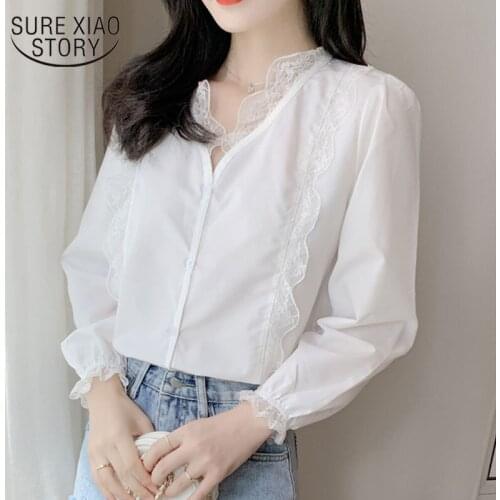 2020 Lace Shirt Women Autumn New White Lace V-neck Womans Blouses Long Sleeve Single-Breasted Fashion Top Feminine blusas 10845