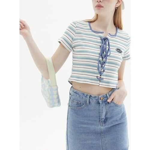 Women Summer Short Sleeve T Shirt Y2K Square Collar Stripe T-shirt Harajuku Crop Top Fashion Female Clothing Streetwear Tshirt