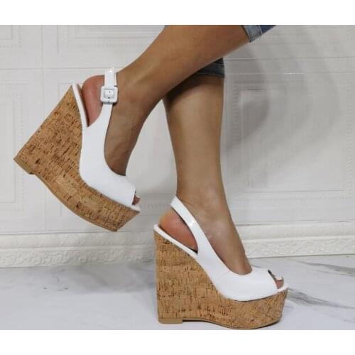 Big Size 47 Girls White Leather Peep Toe Platform Wedge Sandals Woman Fashion Buckle Strap Slingback Super High Heels Shoes